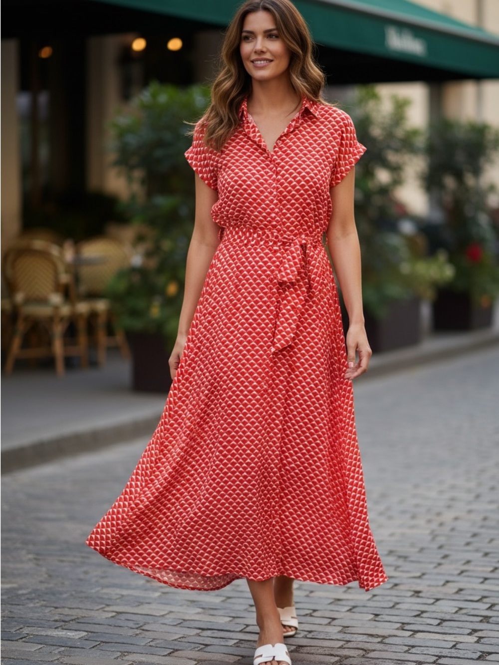 Club Monaco Red Printed Maxi Shirt Dress